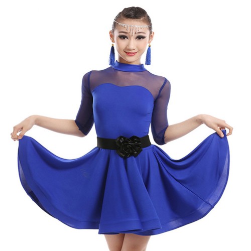 Black red royal blue fuchsia see through  sleeves front sexy girl's performance competition gymnastics latin salsa ballroom dance dresses 